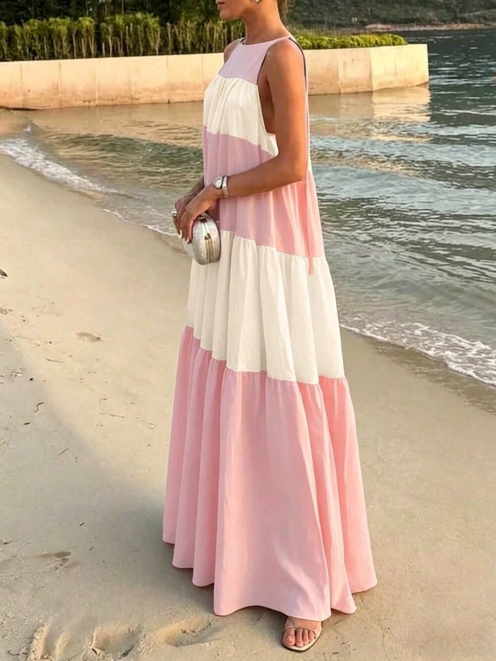 Pink Casual Women's Contrast Color Block Maxi Dress - Picture 3 of 4